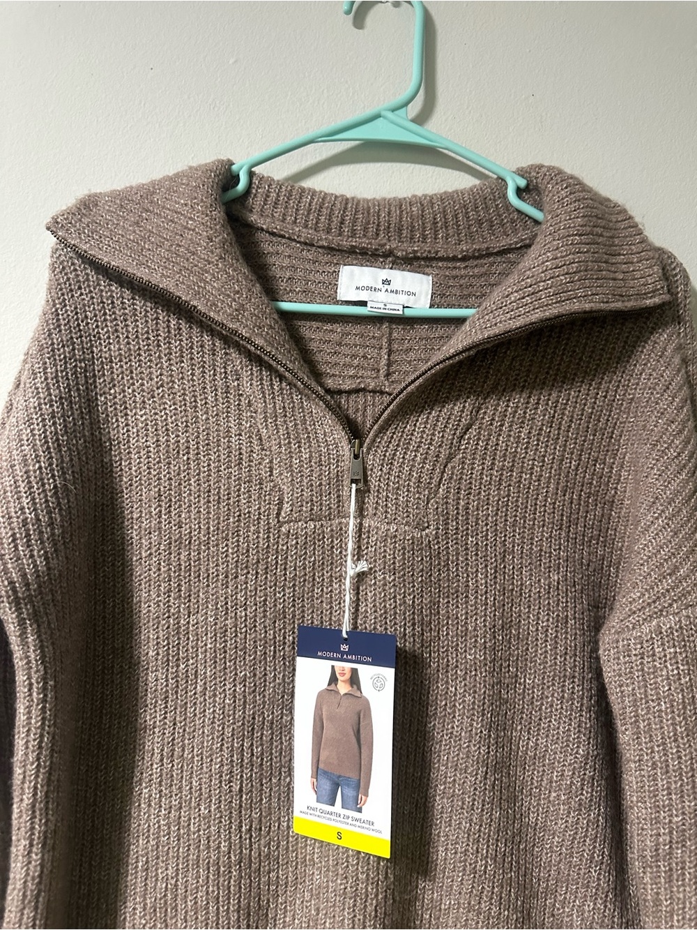 Modern Ambition Women's Taupe V-Neck Half-Zip Sweater